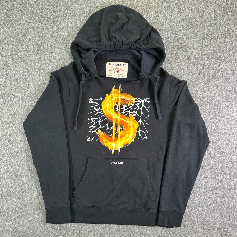 True Religion Hoodie Men's Large Black Flaming Dollar Sign Graphic Pullover - Picture 1 of 6